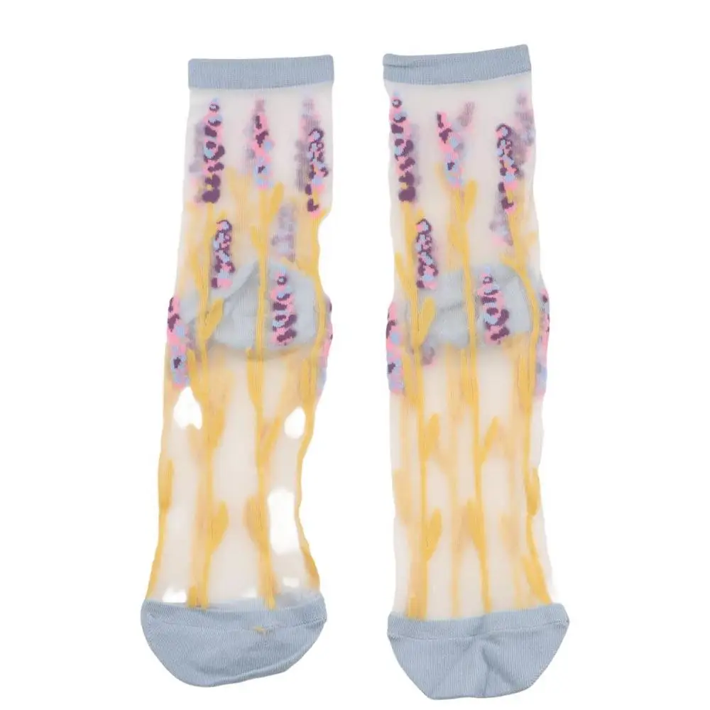 Transparent Sweet Mesh Crystal Silk Socks Summer Embroidery Flower Socks Floral Hosiery Middle Tube Socks Women's Socks