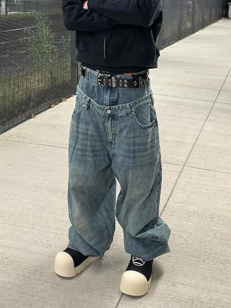 2025, amerikanische Damenjeans mit doppelter Taille, Y2k-Retro-High-Street-Lazy-Style-Bodenhose mit weitem Bein für Männer und Frauen
