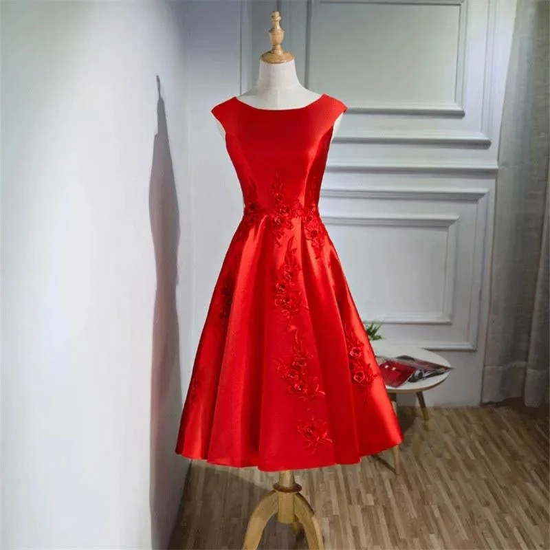 

Customized Evening Dress Red Satin Appliques o-neck Sleeveless Lace Up A-line Tea-Length Plus size Woman Party FOrmal Gown YF087