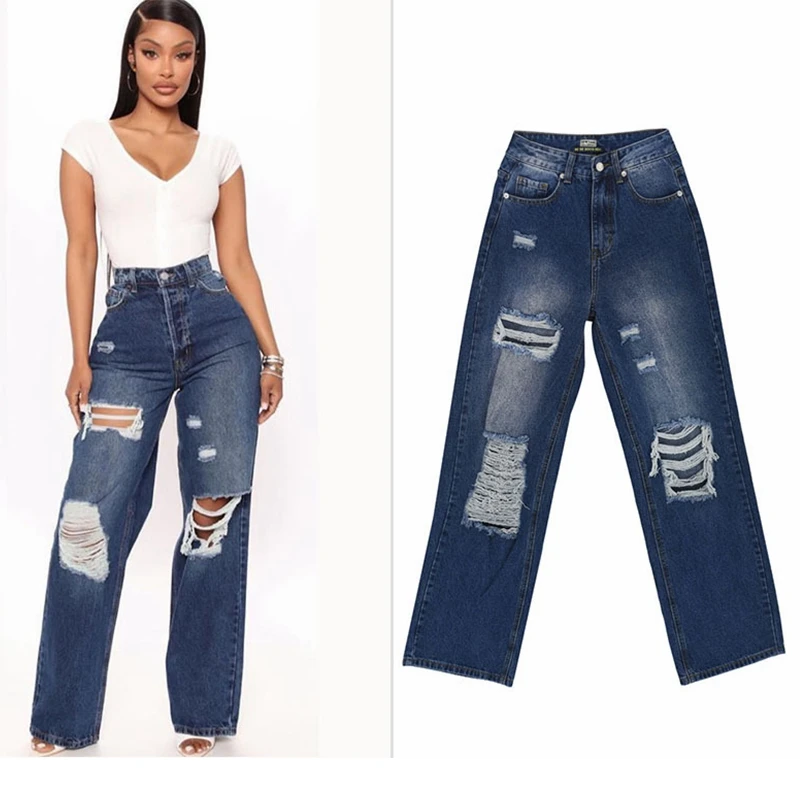 Female New Y2K Ripped Jeans With Holes Blue High Waist Cute Mom Vintage Jeans Push Up Women Denim Trousers Ladies Cool Pants