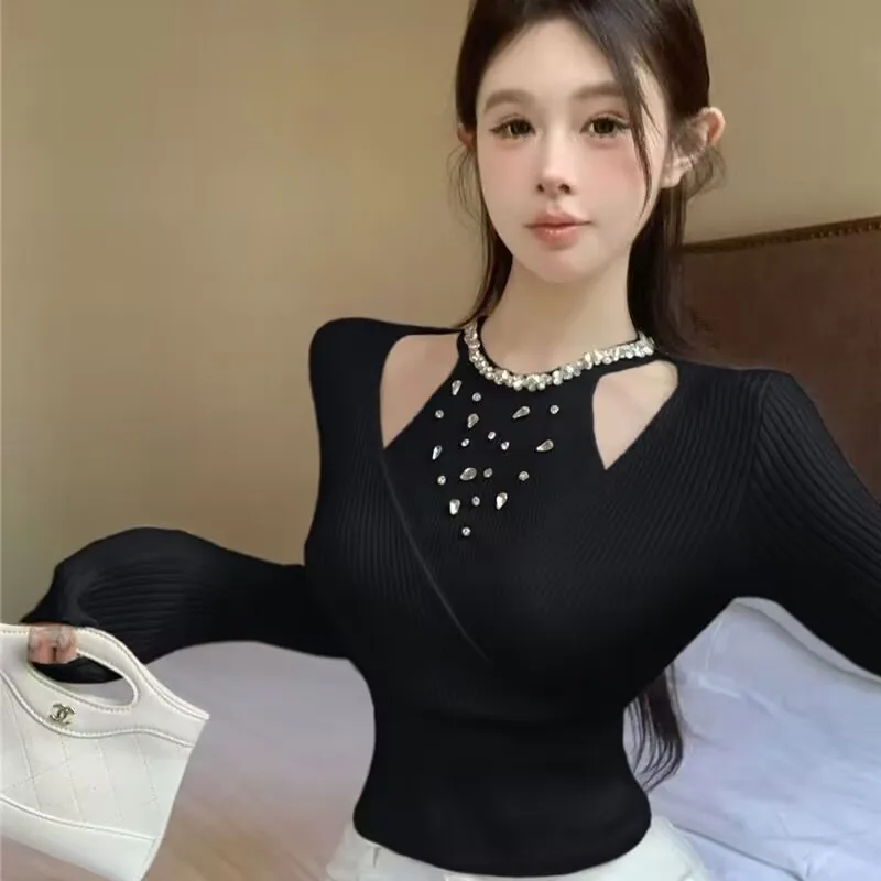 New French Heavy Rhinestones Knitted Sweater Spring Autumn Elasticity Slim Short Sweater Long Sleeve Office Lady Elegant Shirt