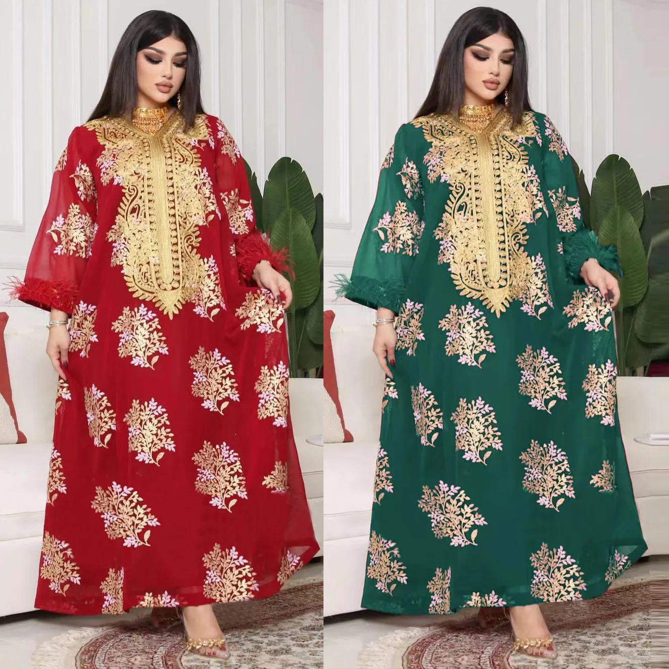 AB214 2024 Muslim Summer New Dubai Embroidered Camel Feather Gold Lace Dress