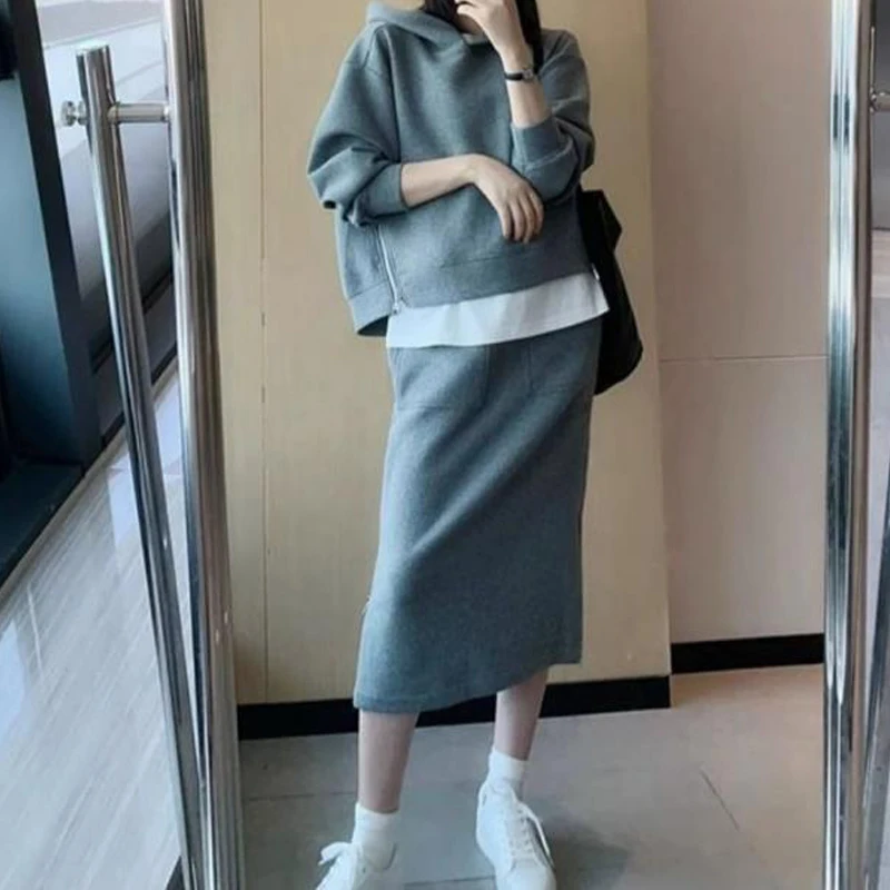 2 Piece Sets Women Trendy Casual Streetwear Y2K Oversized Hooded Sweatshirts 2023 Autumn Gray High Waist Split Midi Skirt Outfit