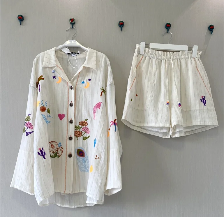 2 Piece Set Women Spring Summer Luxury Flowers Embroidery Linen Blouses Loose Tops And Shorts Pants Suits Clothing Set NZ339