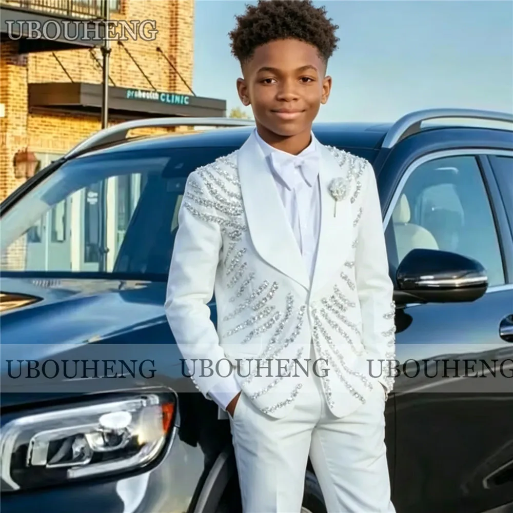 

Sparkly Crystals Beading Boy Suits For Wedding Singlew Breasted Jacket Pants 2 Piece Sets Children Formal Party Tuxedos Attire