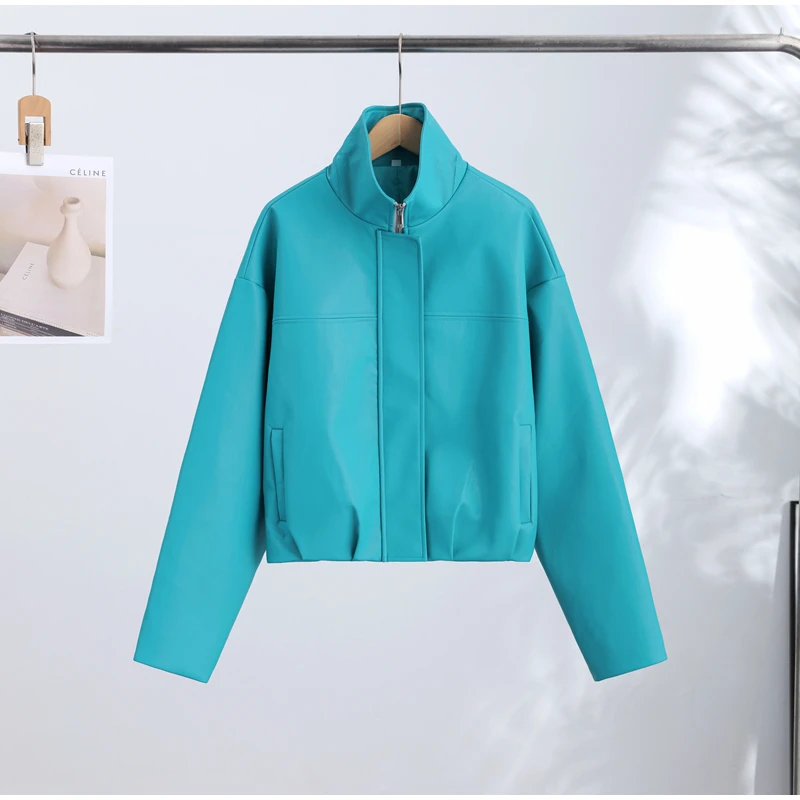 Women's Solid Faux Leather Jacket Stand Collar Zippers Long Wide Sleeves Cropped Coats 2026 Autumn Fashion All-match Streetwears