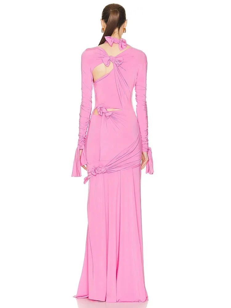 Modphy 2024 New Women Sexy bow Cutout design Long Sleeve Tight Side Slit Elegant Party Club Evening Pink Maxi Vestidos Gown