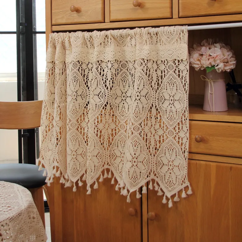 Vintage Pastoral Crochet Lace Short Curtain Half Cafe Window Curtain Farmhouse Kitchen Door Partition Bookcases Cabinet Drapes