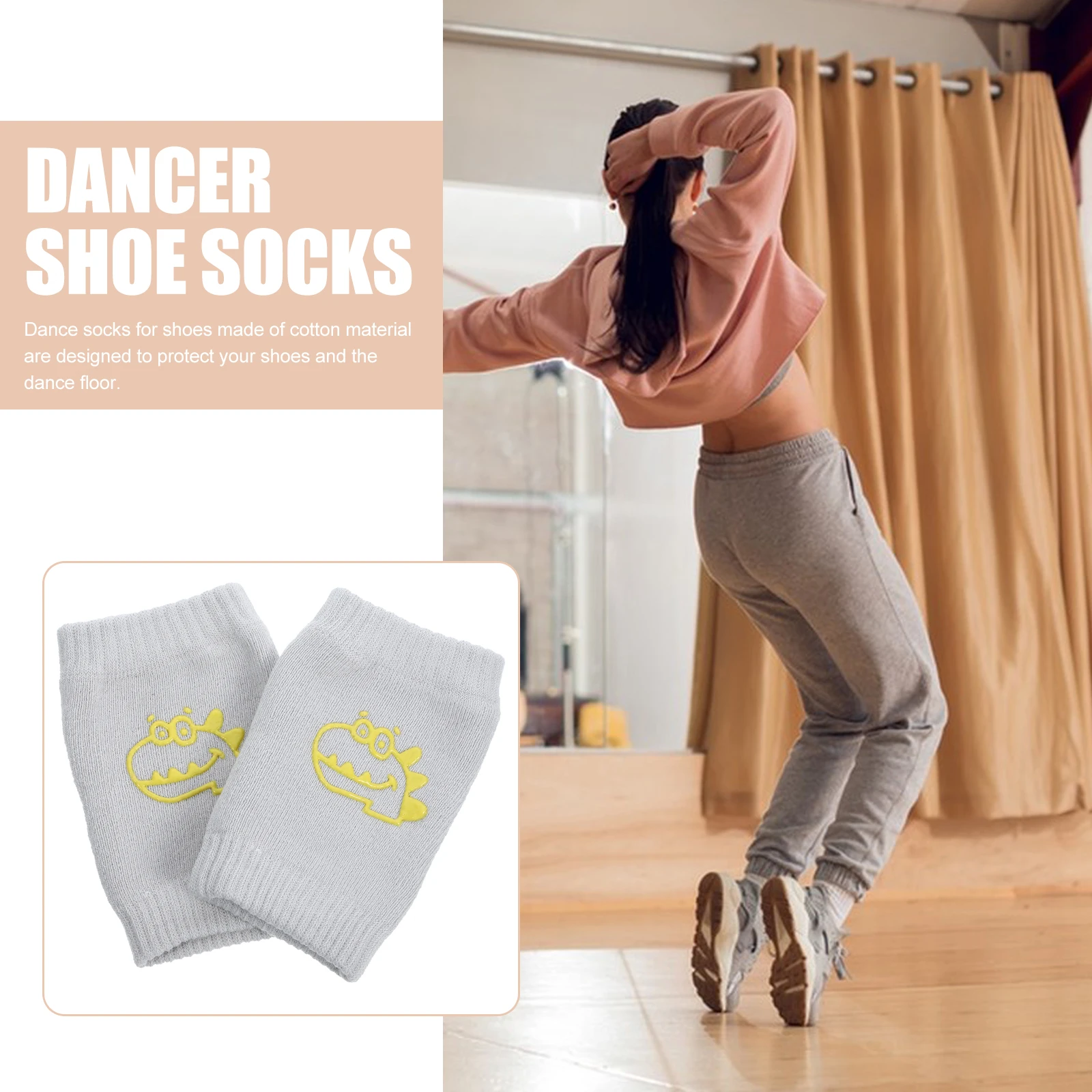 

2 Pairs Dance Socks Girls Cotton Dancing Supply Lightweight Protective Grey Dinosaur Shoe Socks Non Slip Design Stability
