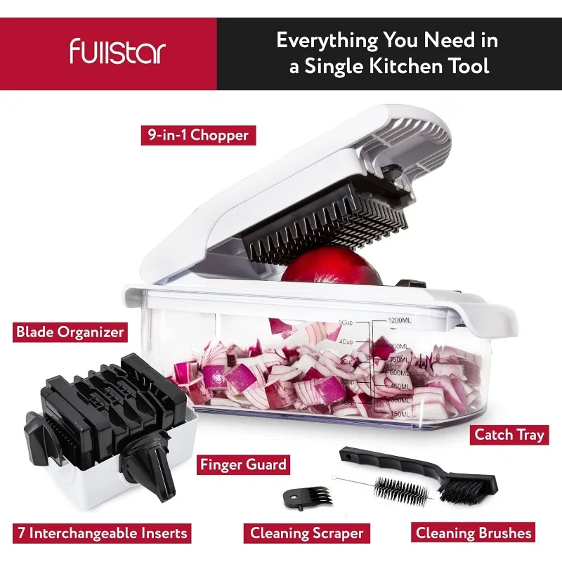 Fullstar ที่หั่นผัก Spiralizer เครื่องสับต้นหอมแบบเครื่องตัดผัก9 in 1, อุปกรณ์หั่นอาหาร