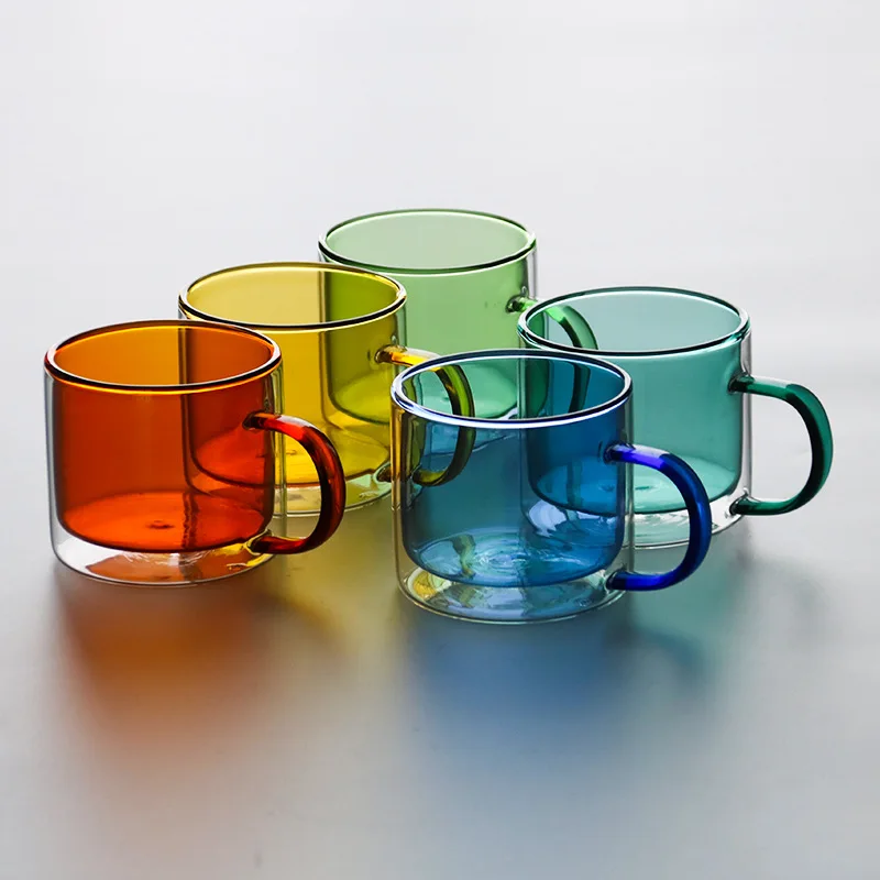 300ml Wine Glasses Drinking Tumbler Coffee Juice Water Cups with Handle Tea Creative Mug Double Bottom Glass Mugs For Home