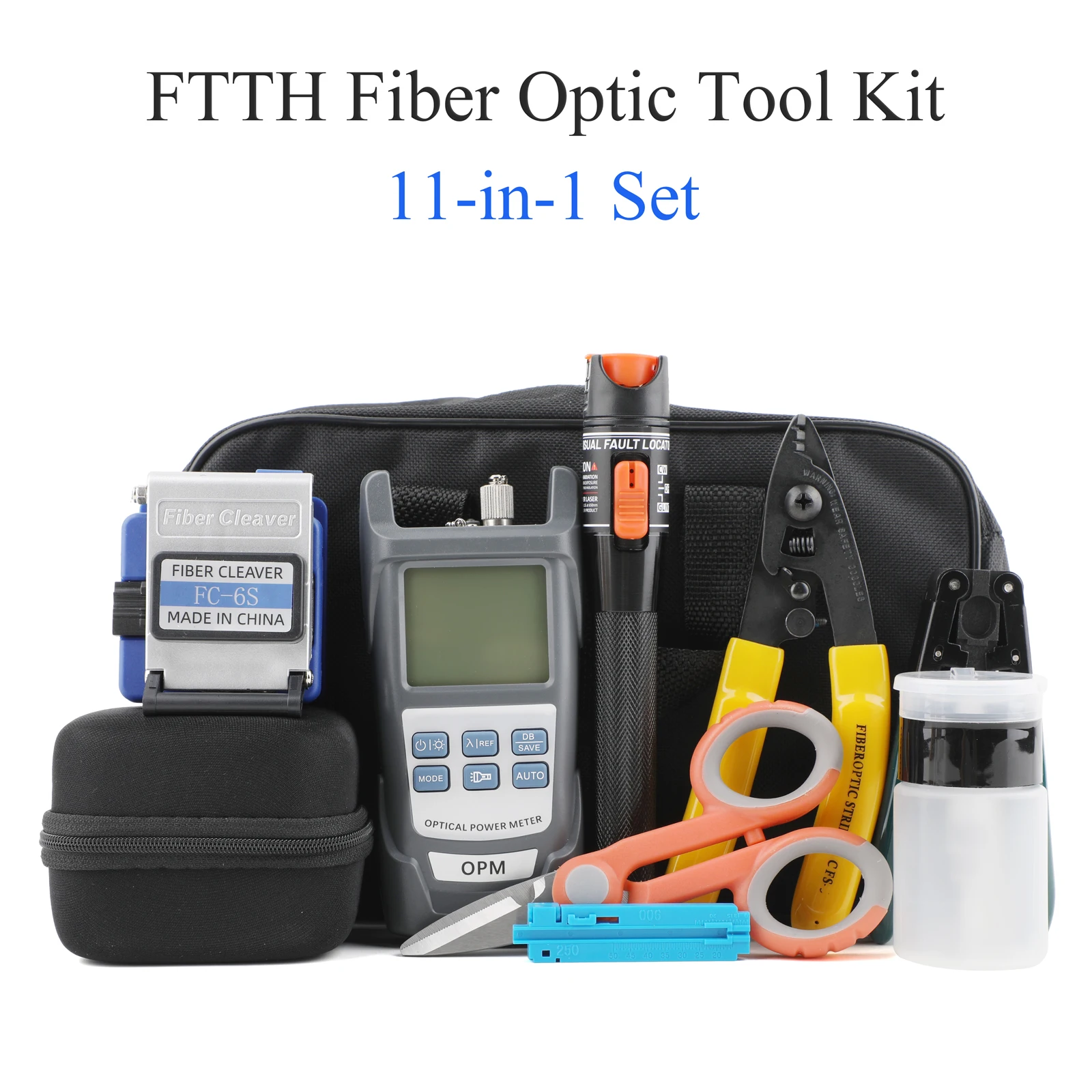 

Fiber optic termination tool kit (9/11 PCS in 1) includes: optic cleaver, optical power meter, testing tools, cleaning tools