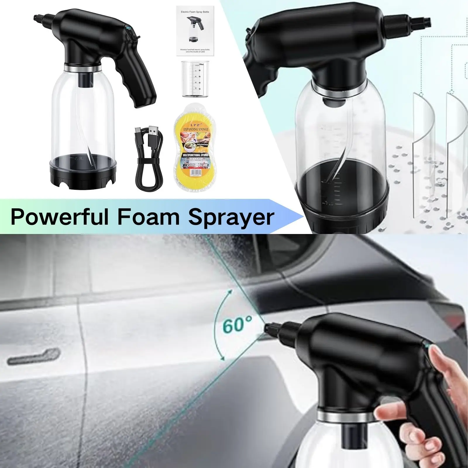 

Car Powerful Foam Sprayer With Measuring Cup Wireless Wash Foamer 2.0L 2000mah Battery 30W Spraying Distance Car Cleaning