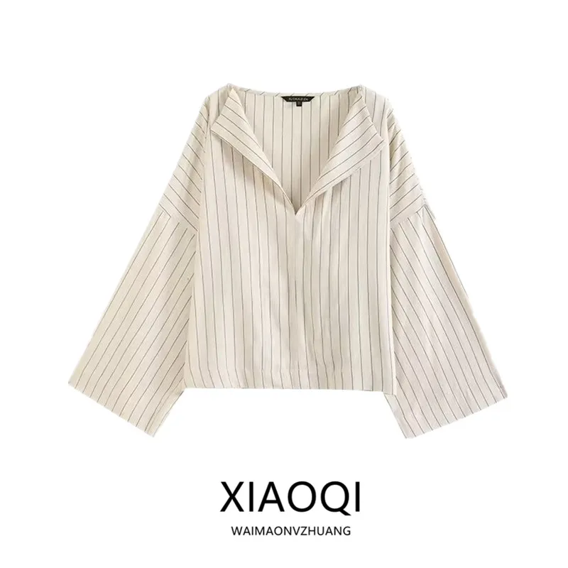 

Autumn 2024 Women's Loose Fit Striped Color Block Linen Blend Shirt Versatile Long Sleeve Regular Length Fashionable