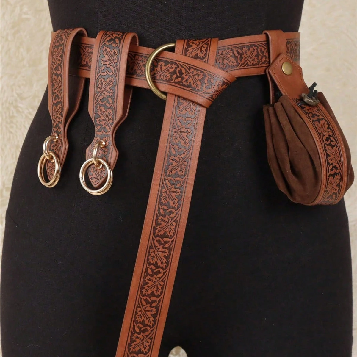 Medieval PU Leather Skirt Belt and Strap with Renaissance Embossing, Vintage Viking Drawstring Bag, Cosplay Prop Set for LARP, C