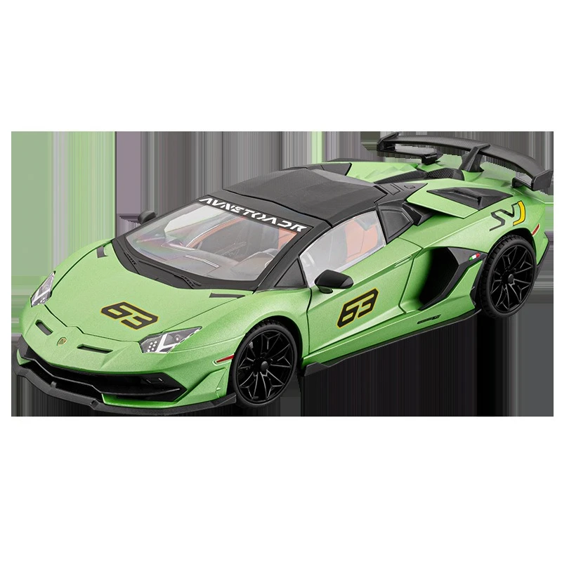 

1:18 SVJ 63, модель спортивного автомобиля, игрушки из сплава, литой под давлением миниатюрный суперкар, звуковой свет, двери с открытым отверстием для детей, подарки
