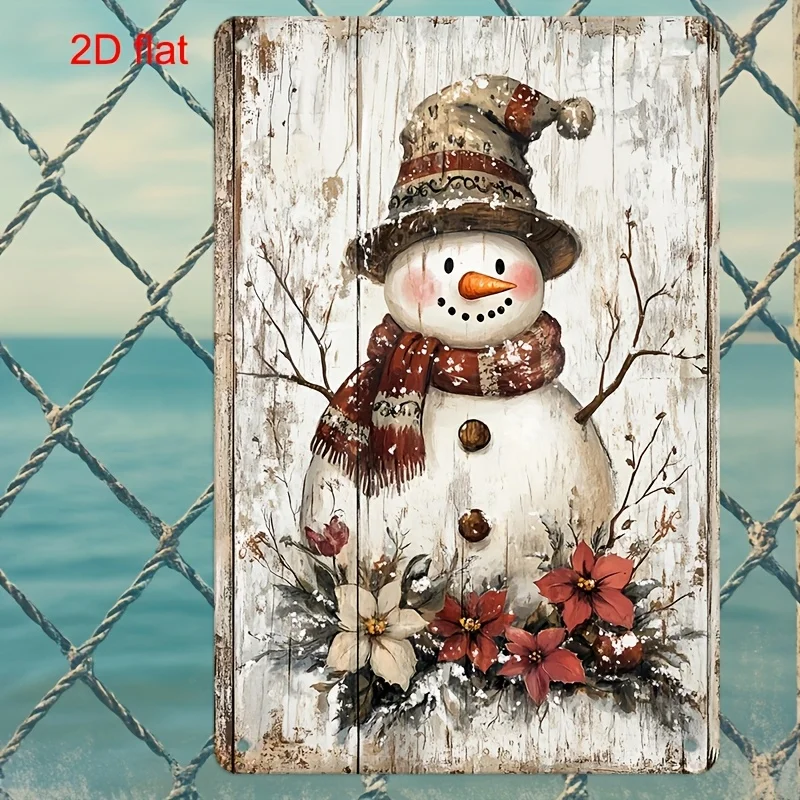 2D Flat - A Vintage Metal Sign for 2D Surfaces | Snowman Floral Wall Decor | (7.9X11.8 Inches / 20*30 Cm) Durable, Pre-Drilled f