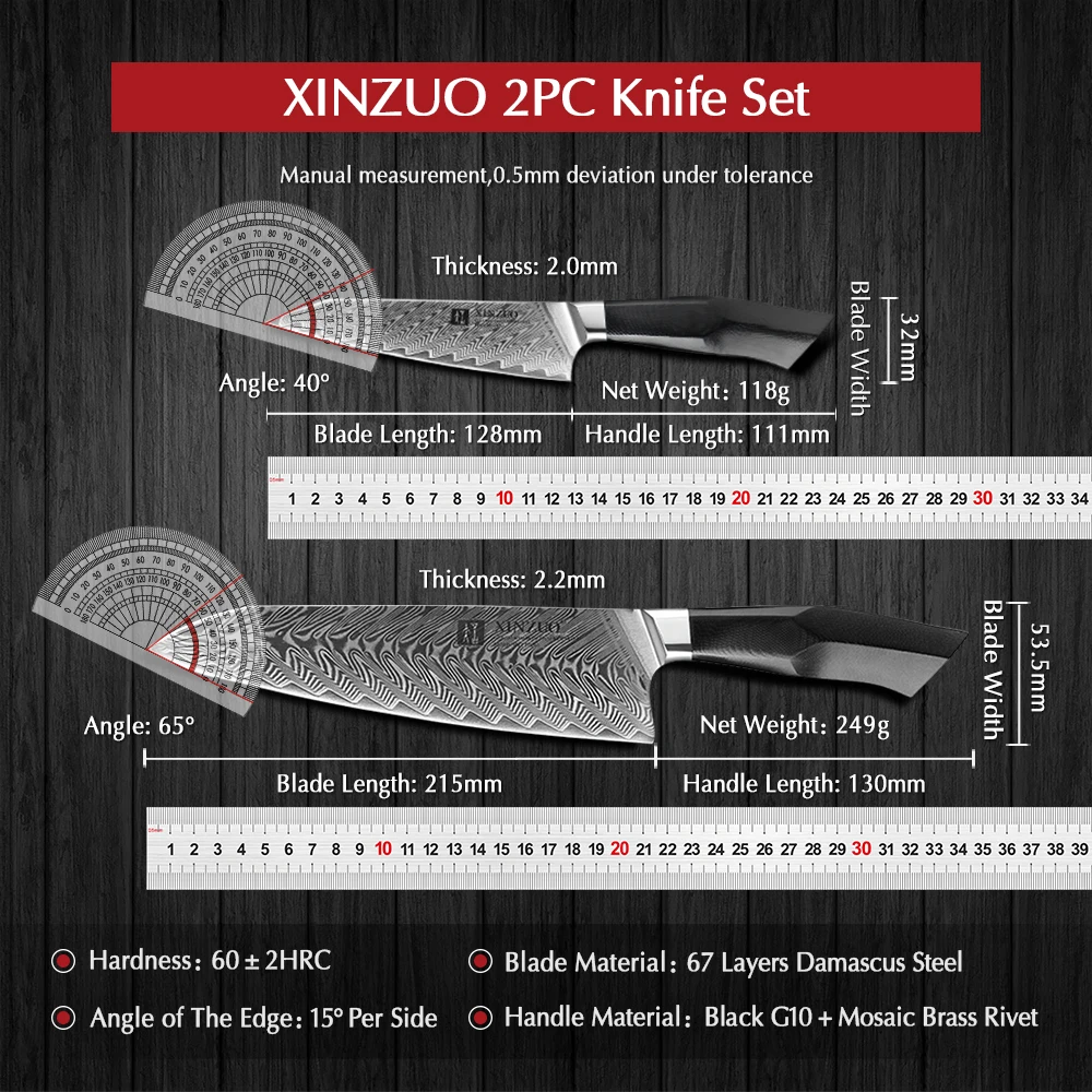 XINZUO Damascus Steel 2PCS Best Kitchen Chef Knives Set Stainless Steel Very Sharp Knives VG10 Steel G10 Handle Sharp Cutter