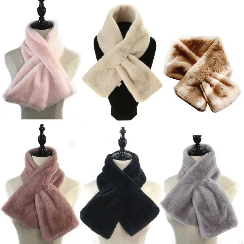 D55E Winter Thick Faux Fur Warm Scarf Furry Pull Through Neck Warmer Plush Collar for Cross Around Loophole Wrap Neckerchief