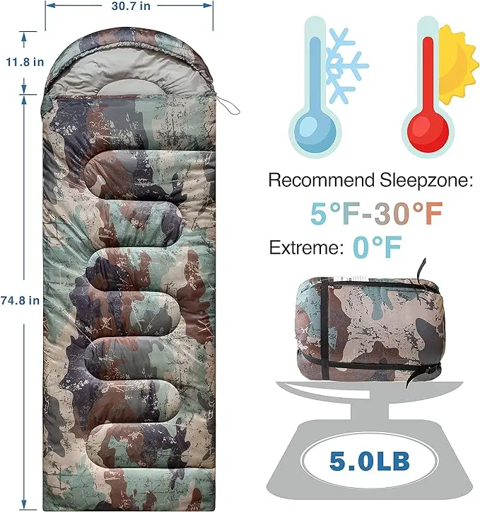 Cold Weather Adults Waterproof Portable Camouflage Sleeping Bag Big Tall Winter Compression Sack Compression Envelope Cotton