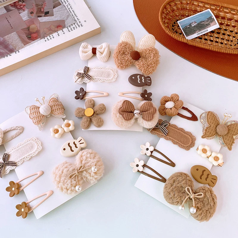 8pcs/set Korean Girls Headband Hair Clip Cartoon Bear Floral Bow Hair Pin for Toddler Lovely Beige Coffee Color Kids Headwear