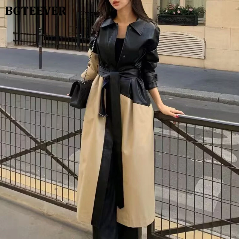 BGTEEVER Stylish Patchwork Women PU Leather Windbreaker Winter Long Sleeve Loose Lace-up Long Trench Coats for Women - view 4