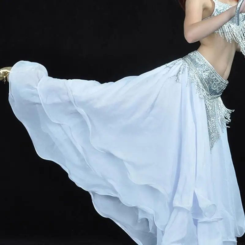 Costumes danse du ventre pour femmes, 14 couleurs, 3 couches mousseline, jupes à ourlet roulé, vêtements spectacles sur