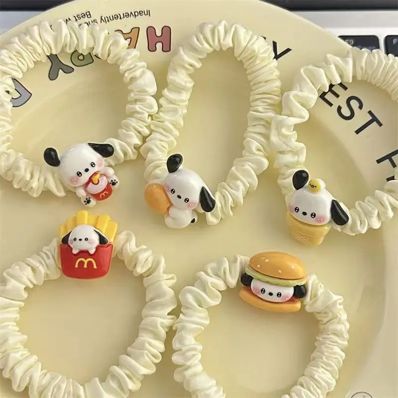 5pcs Miniso cartoon worker Parcha dog hair rope girl's small rubber band headband cute hamburger fries hairstyle hair accessory