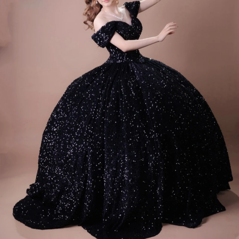 

Black Shiny Ball Gown Quinceanera Dresses Off The Shoulder Sequin Beads Party Birthday Sweet 16 Dress Vestidos 15 De Anos