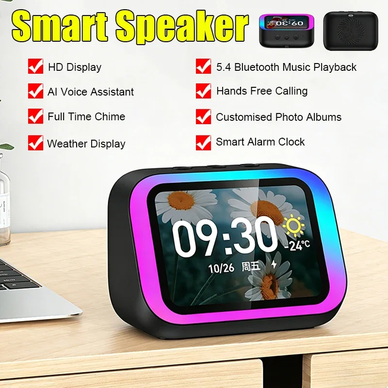 AI Voice Assistant Bluetooth Speaker with Voice assistant Touch Screen Display RGB Color Lighting Electronic Album Alarm Clock