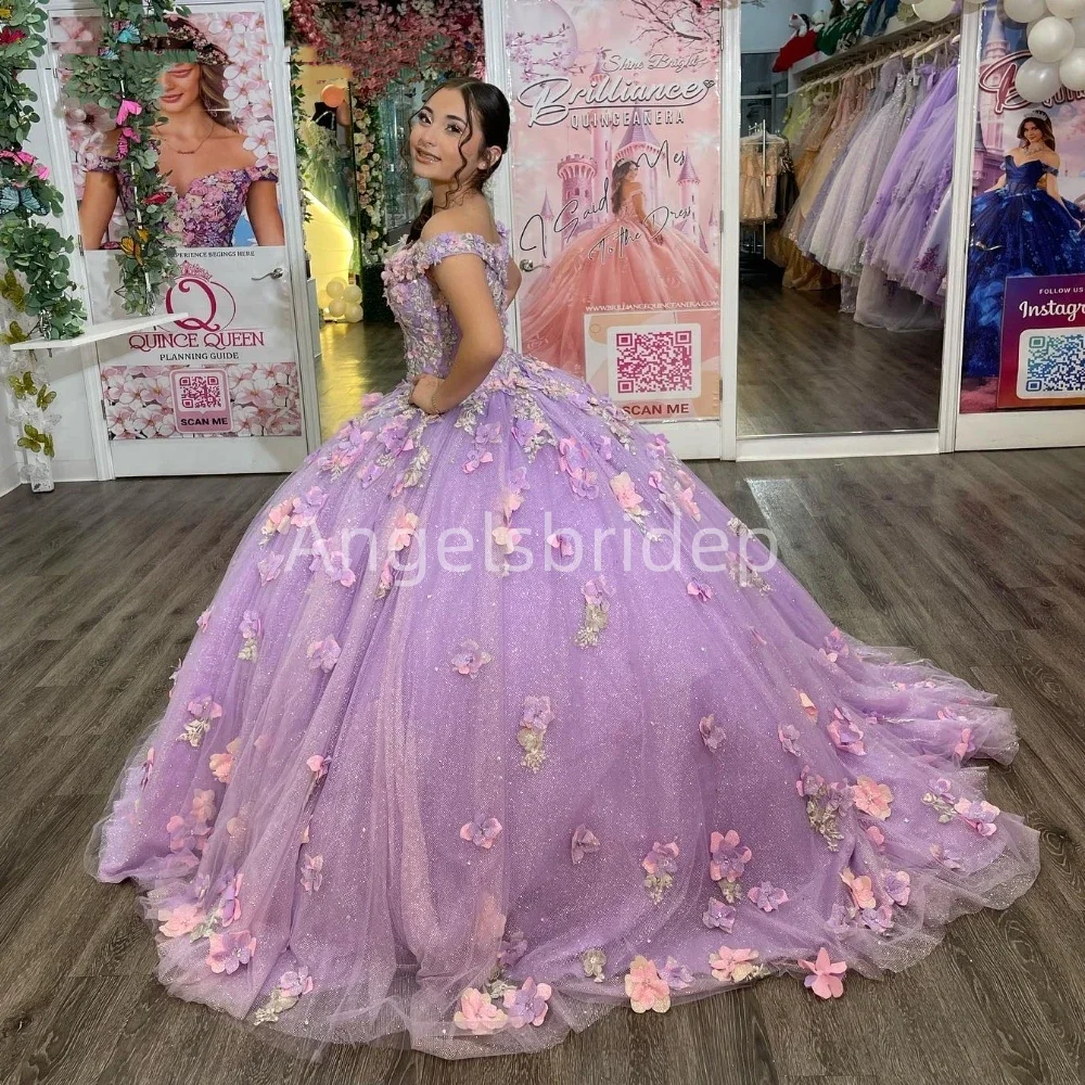 

Angelsbridep 2025 Сиреневое бальное платье Quinceanera Платья 3D Цветочные бусины ручной работы Платье для выпускного вечера с открытыми плечами Халаты De Soirée