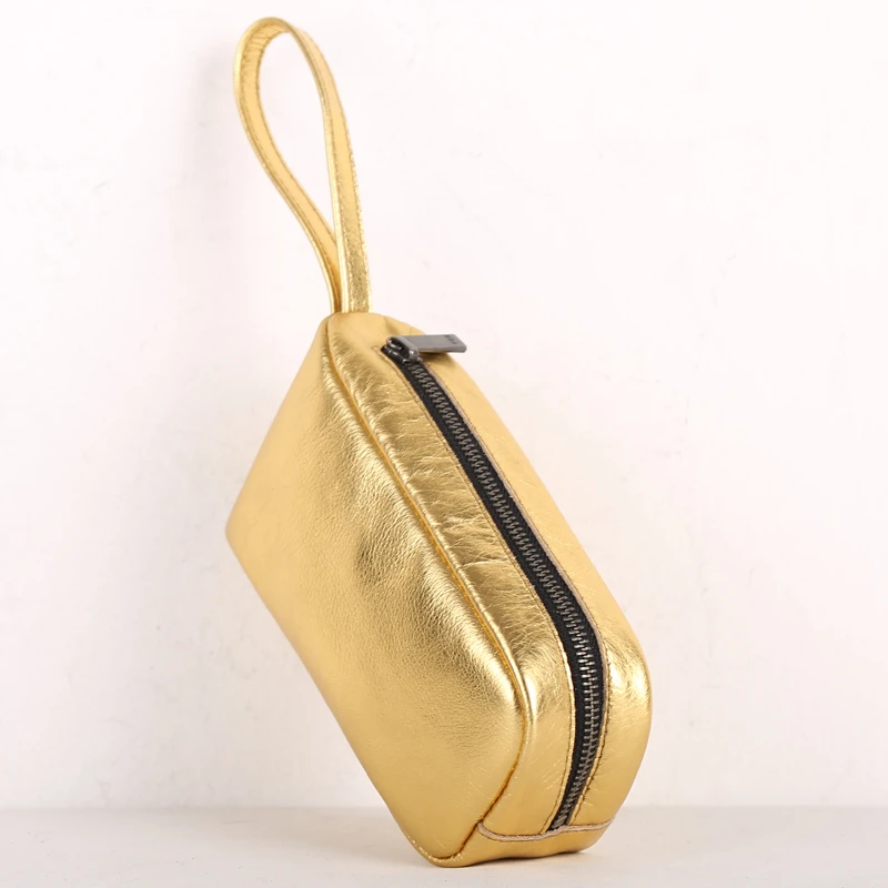 Mini Hand Bag Cowskin Leather High Quality Zipper Long Wallet Casual Cell Phone Bag Storage Purses Gold Clutch Bag