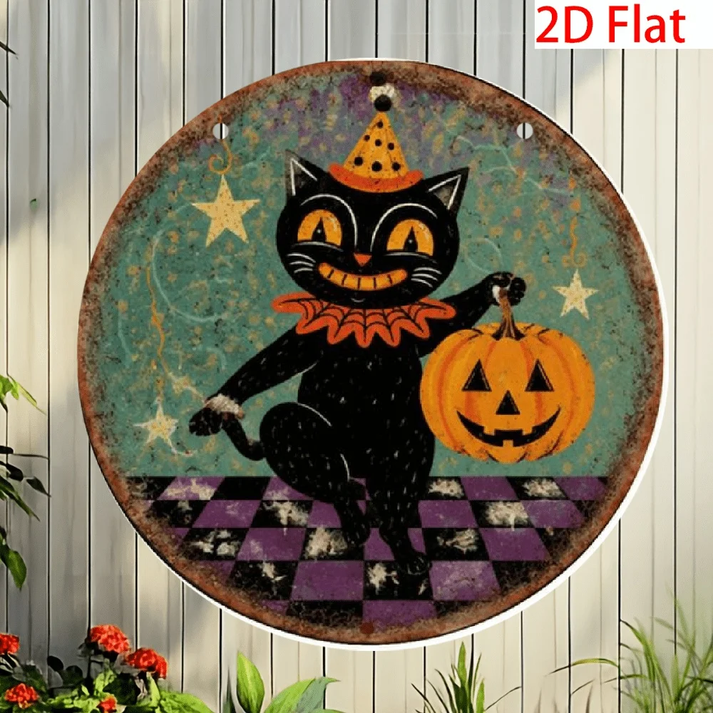2D Flat, 1pc 2D Printed Carnival Themed Black Cat Halloween Wooden Sign, Quick Installation, Multi-functional Outdoor Wall Hangi