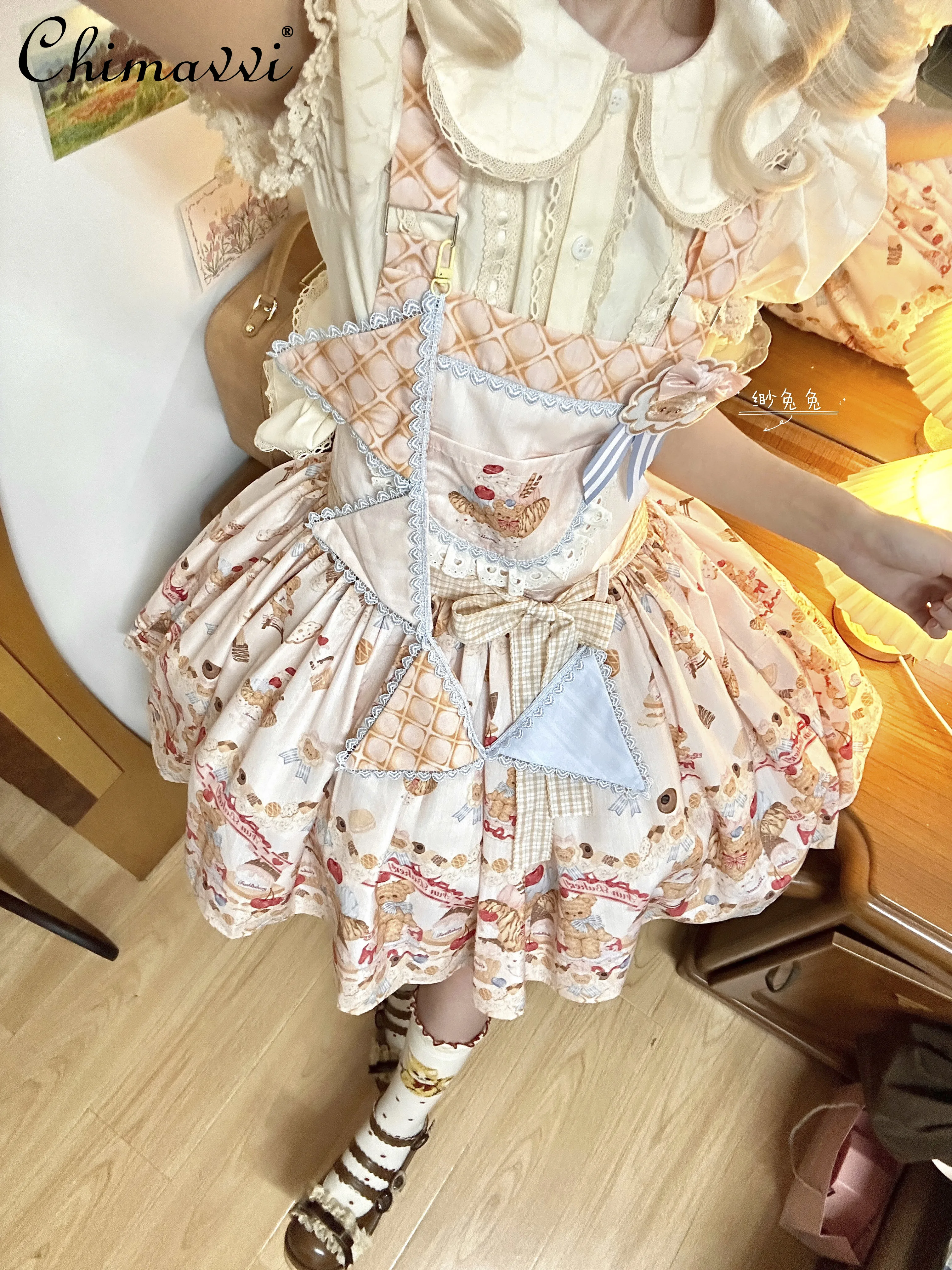 Original Design Lolita Style Cartoon Cute Strap Dress 2024 Summer New Sweet Girl High Waist JSK Short Dress Students Dresses