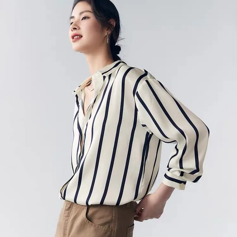 

Vintage Women's Blouses Striped Casual Shirts Fashion Loose Summer Korean Clothing Long Sleeved Chiffon Women Tops