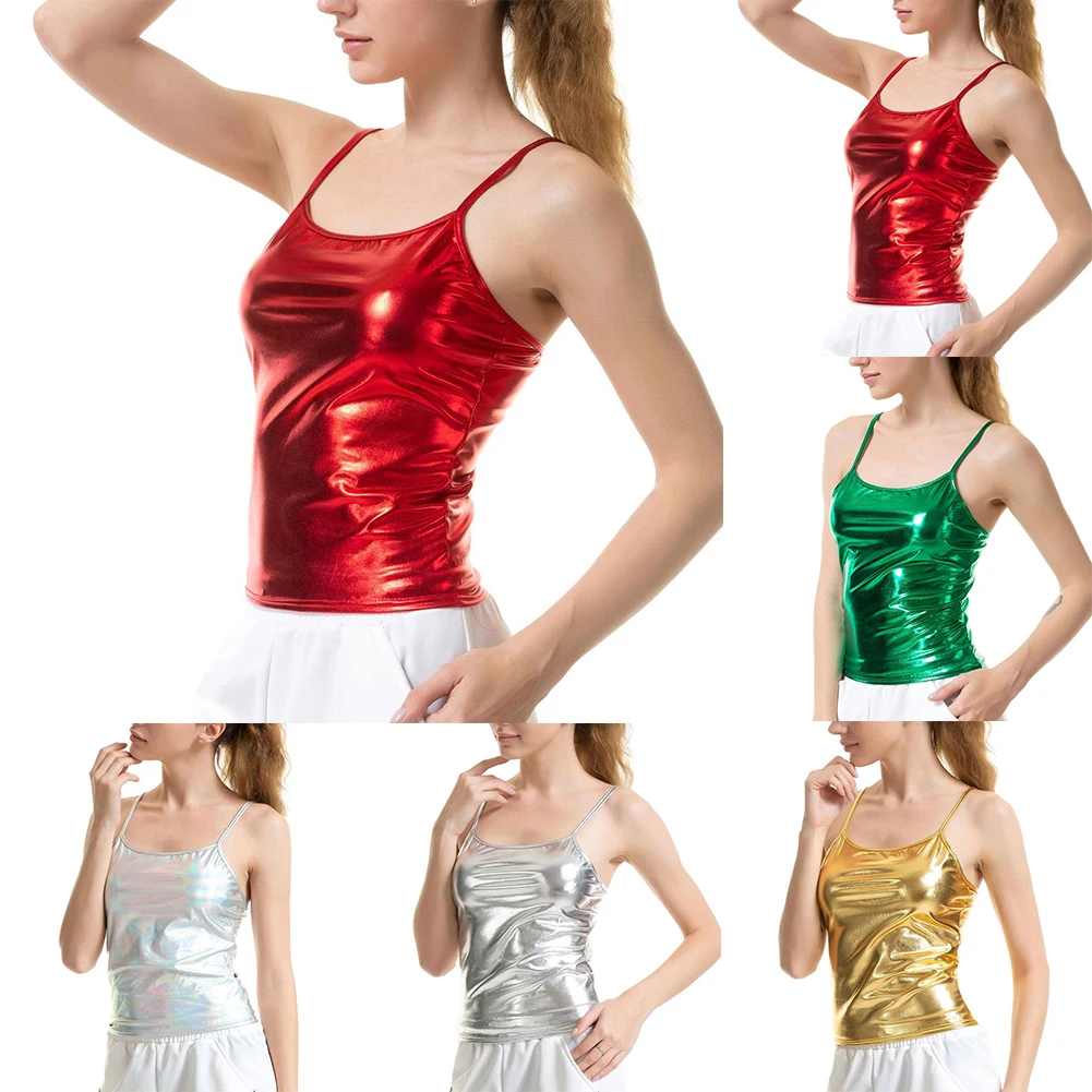 Stylish Shiny Wetlook Faux Leather Crop Top for Women  Sexy Camisole Vest Tank Top  Perfect for Dance Clubwear