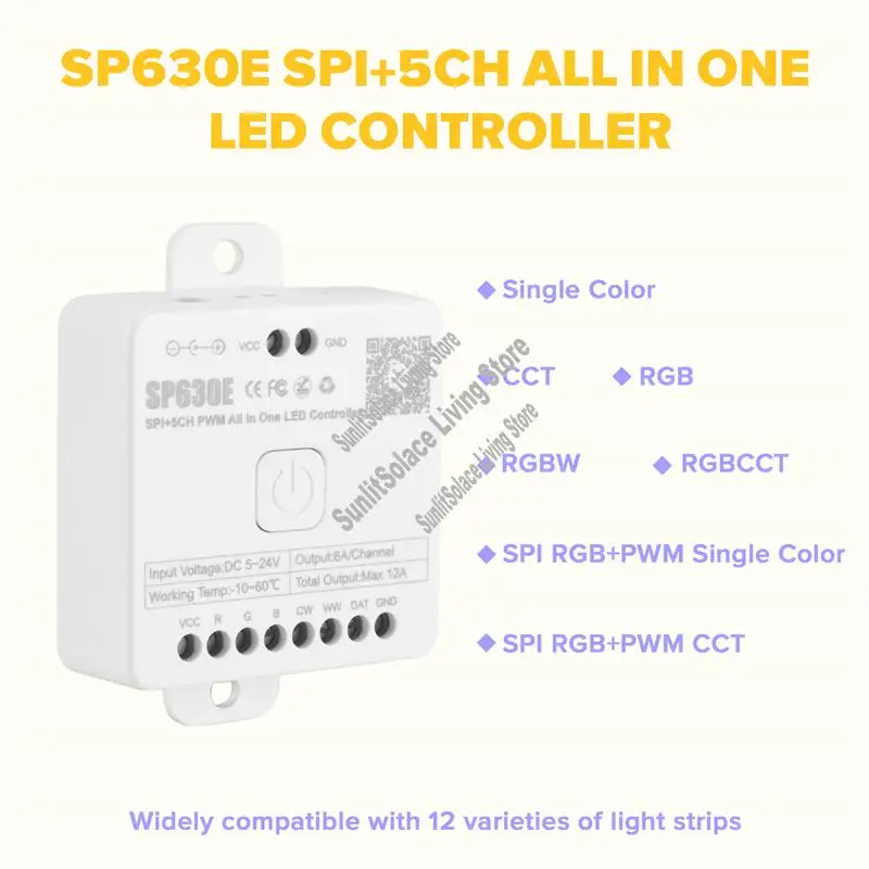 

1-компонентный светодиодный контроллер Bluetooh SP630E, белый пластик, поддержка ШИМ, монохромный CCT RGB RGBW RGBCCT или SPI TTL IC Chip, светодиодная лента-A45