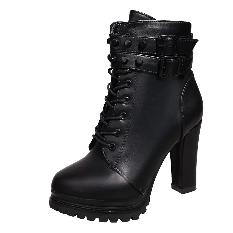 Women Platform Ankle Boots High Heels 2023 Winter Fashion Red Shoes Woman Round Toe Lace-Up Studded Leather Boots Ladies Shoe