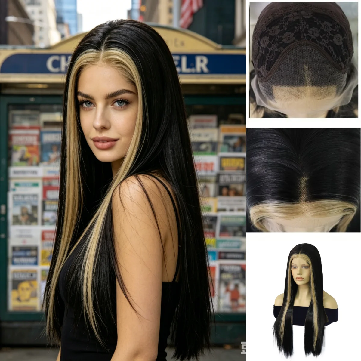 Black With Blonde 13*3 Lace Highlights Long Straight Lace Front Synthetic Wig Resistant Fiber Wig For Women