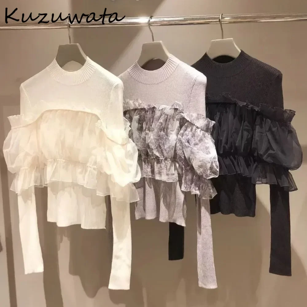 Kuzuwata Gentle Fungus Half-high Collar Literary Pullovers Voile Patchwork Ruched Slim Knitted Japan Exquisite All-match Sweater