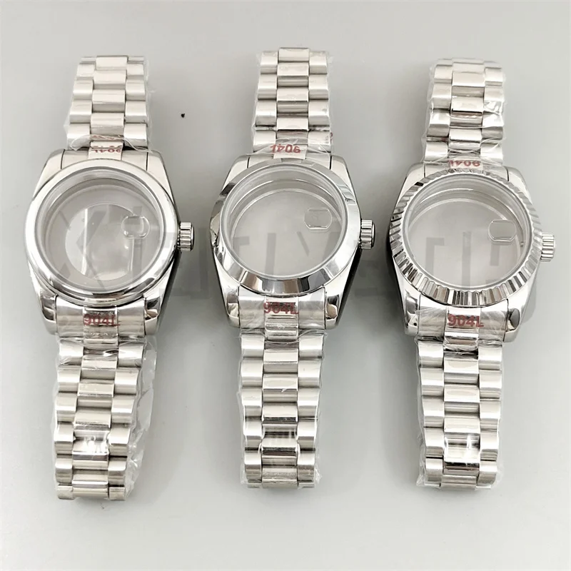 31 مللي متر حافظة ساعة فضية من الفولاذ المقاوم للصدأ مع حزام مستدير مصقول مزمر الحافة الياقوت الزجاج المكبرة صالح لحركة NH05 NH06