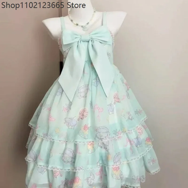 

Summer Kawaii Sweet Japanese Lolita Mini Dress Y2K Vintage Off Shoulder Bow Jsk Cake Dress for Women Evening Party Lovely Outfit