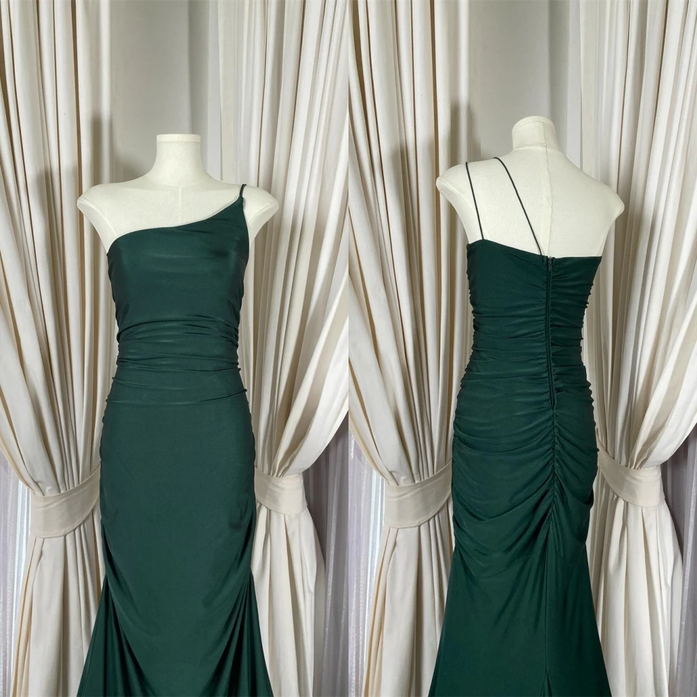 Customized Temperament Green Jersey Evening Dress Delicate Boat Neck One Shoulder Spaghetti Straps Zipper Back Cocktail Dress