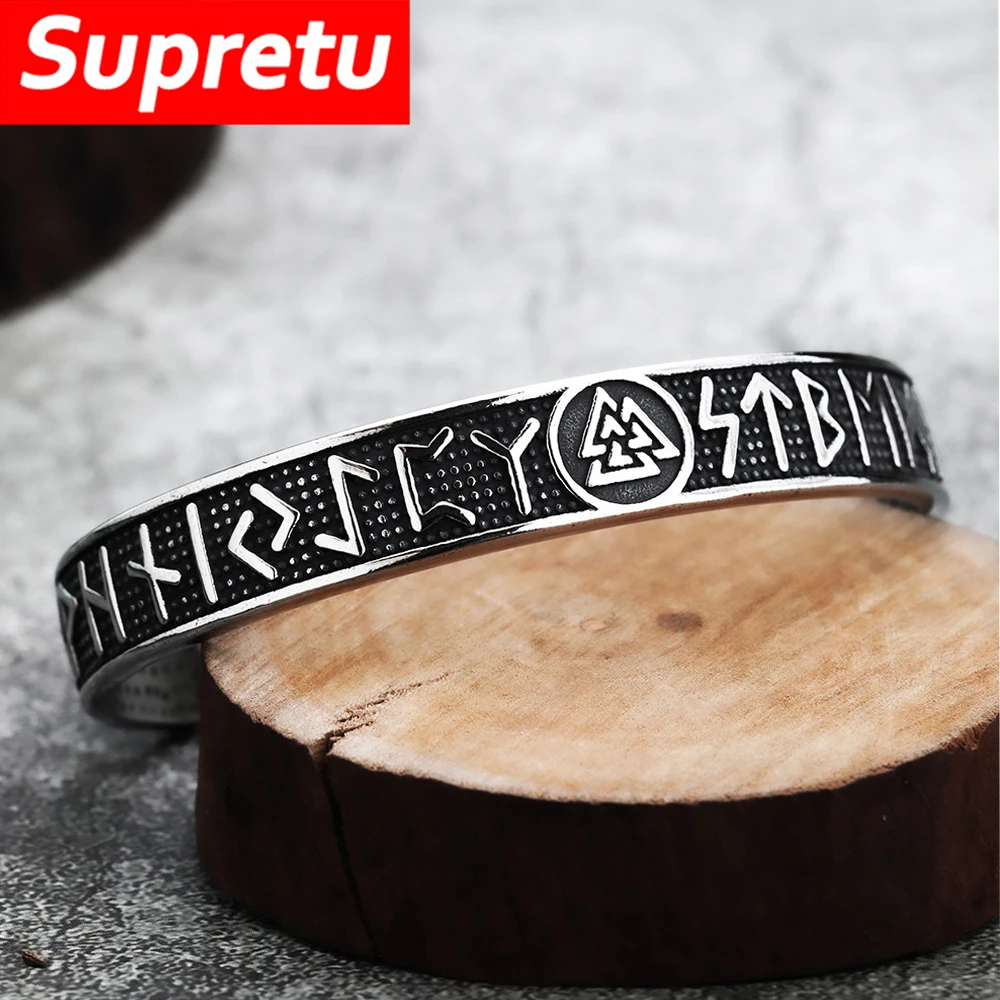 

Men's Viking Runes Triquetra Cuff Bangle Stainless Steel Hrungnir Vegvisir Amulet Bracelet Retro Norse Scandinavian Jewelry Gift