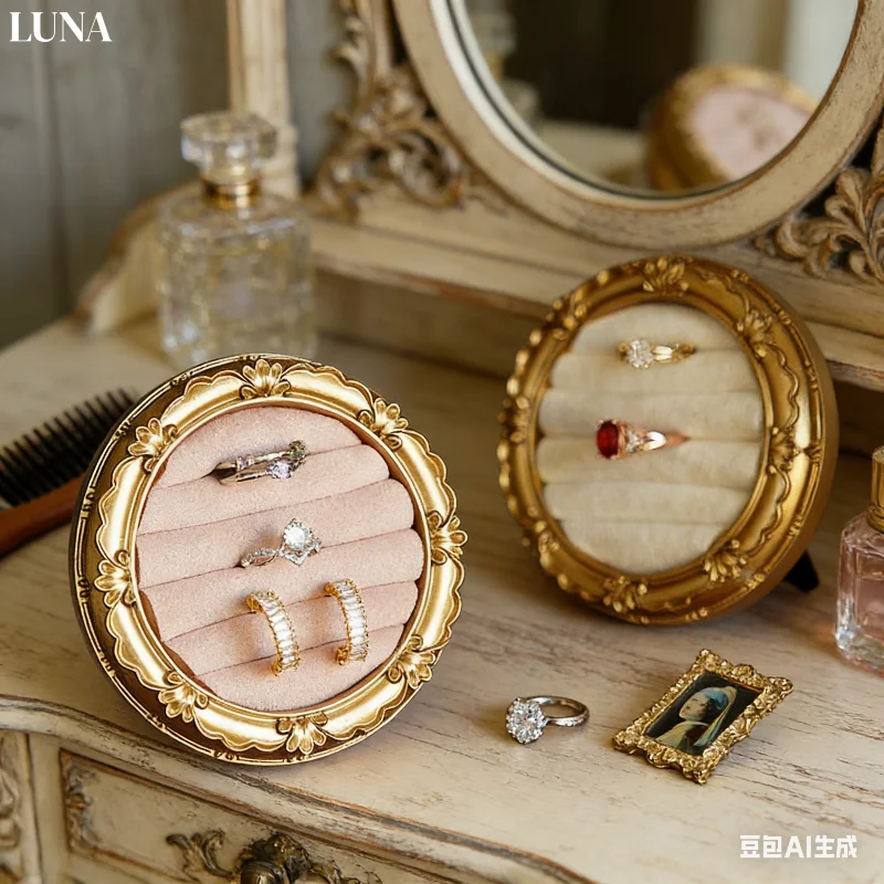 Antique Round Ring Dish with Velvet Lining, Decorative Jewelry Storage Tray for Vanity Tabletop, Photo Prop & Home Decor