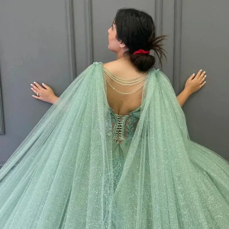 Sage Green Shiny Quinceanera Dresses With Cape Ball Gown Applique Lace Beading Tulle Lace-Up Backless Party Princess Sweet 16