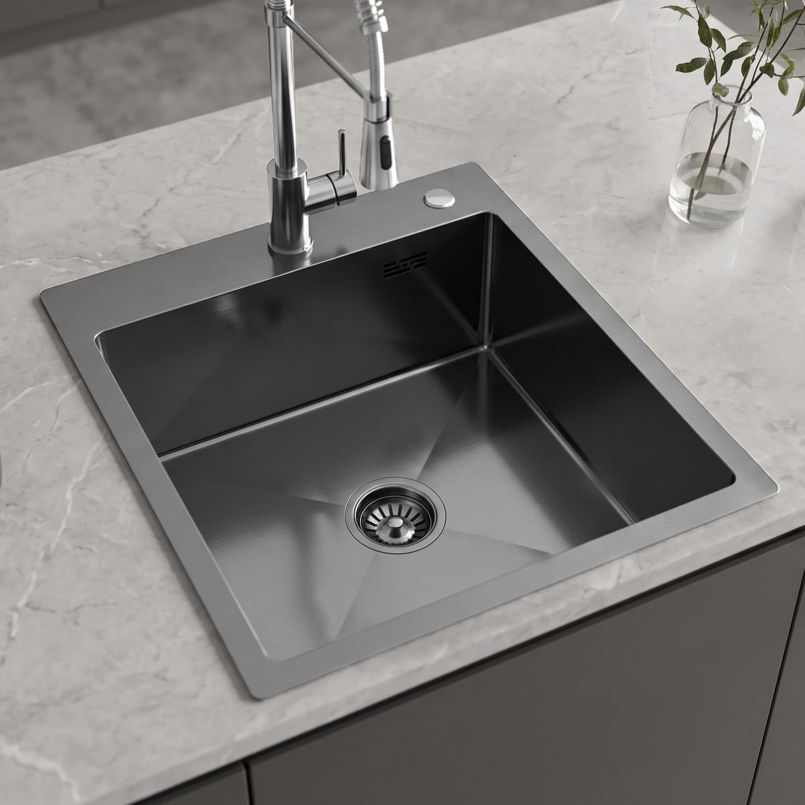 Lavello da cucina nero in acciaio inossidabile, 40x45 cm, da incasso con vasca singola e set sifone, due fori con foro per rubinetto e foro per dispenser sapone, senza rubinetto