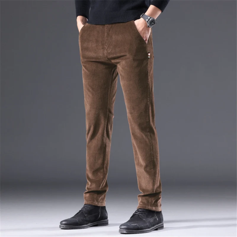 Casual Men\'s Green Brown Thick Corduroy Pants 2024 New Style Fashion Stretch Regular Fit Business Trousers Male Brand Clothes