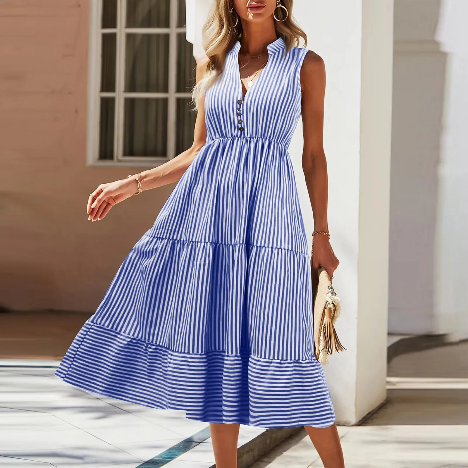 

Women's 2024 Summer V-neck Dress Fashionable Elegant Contrasting Striped Camisole Casual Versatile Dress Ruffled Vestidos