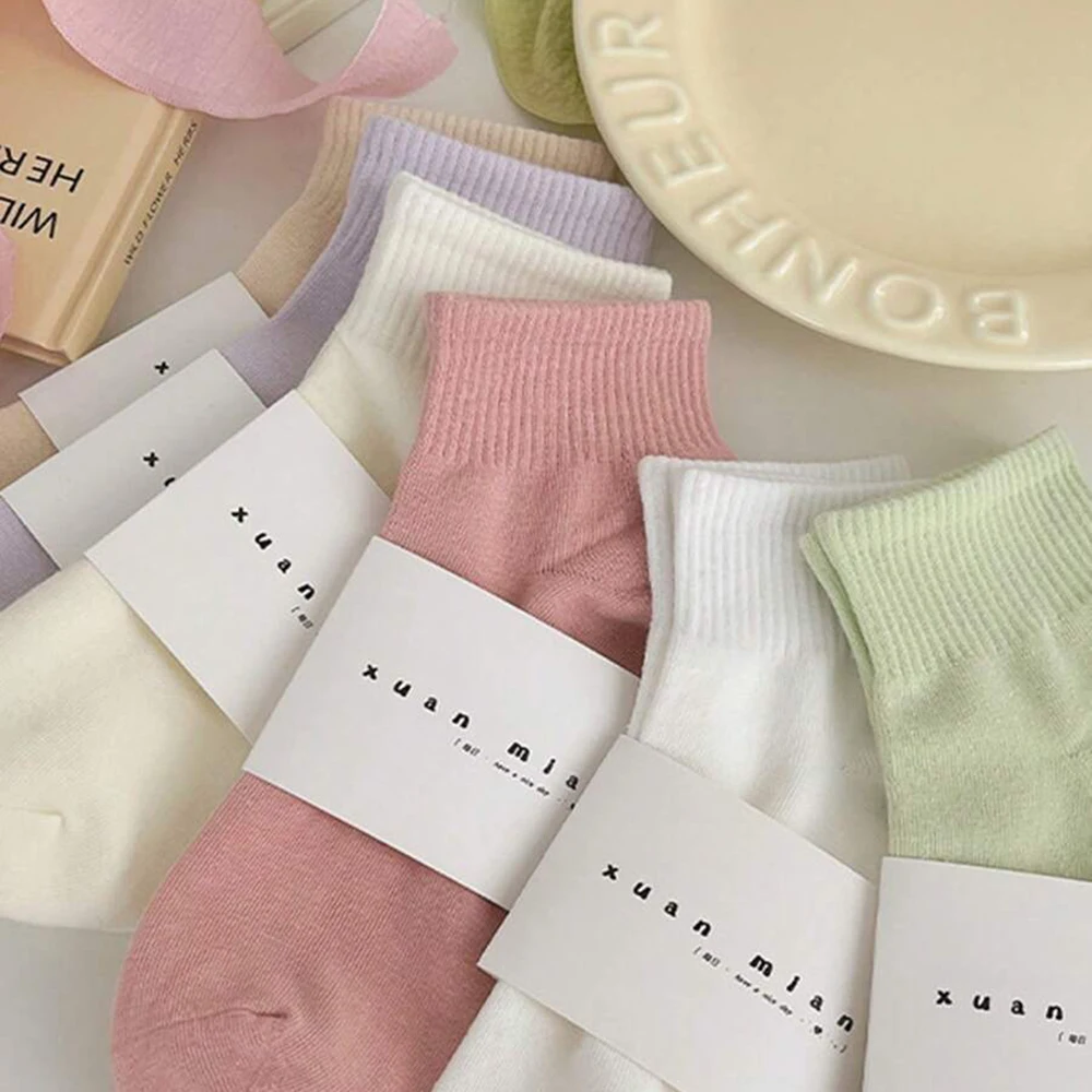 5/10 Pairs Women Macaron color Short Sock Fashionable Simple Soft Comfortable Sweat Absorbing Breathable All Season Leisure Sock